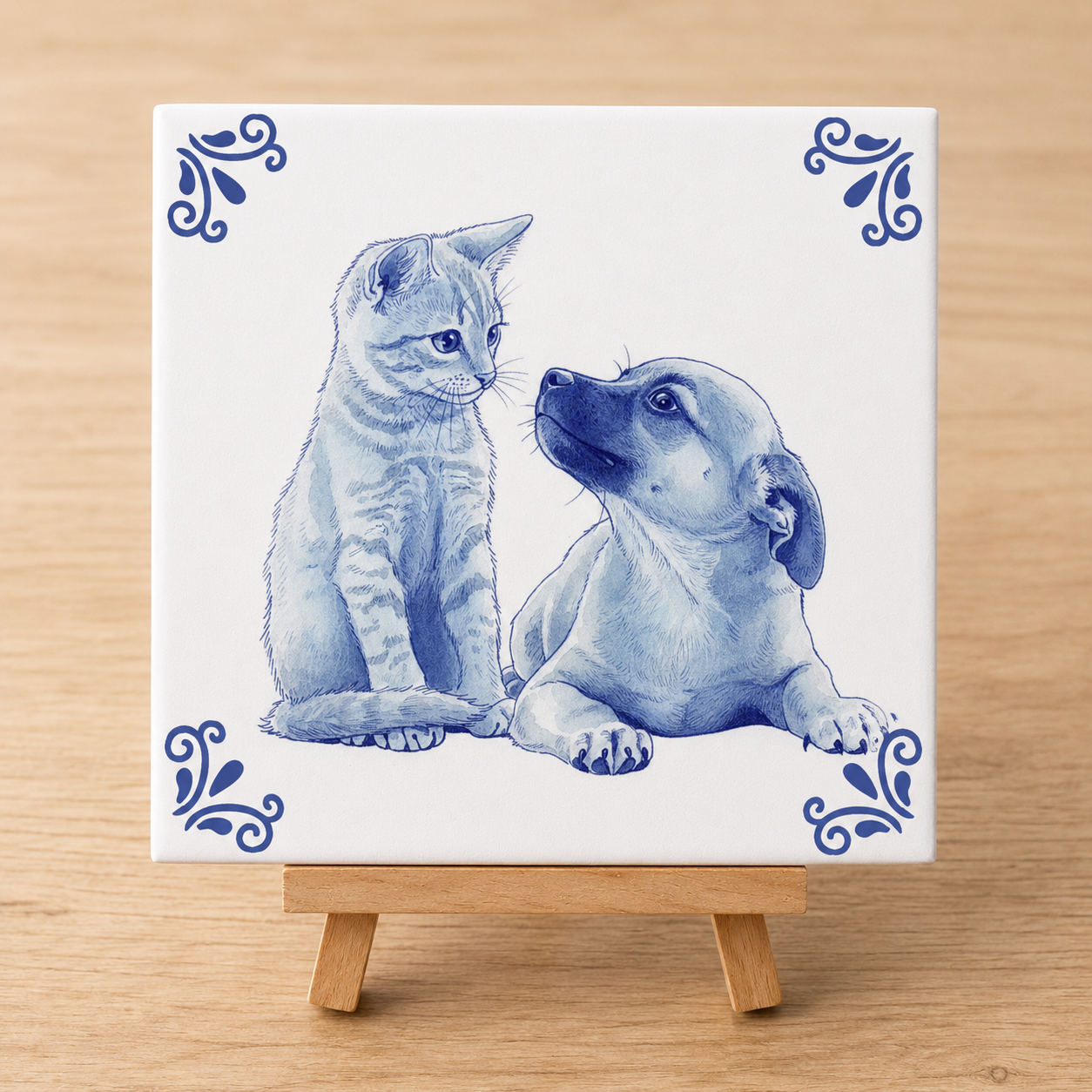 Collectiefoto delfstblauw tegel met hond en kat